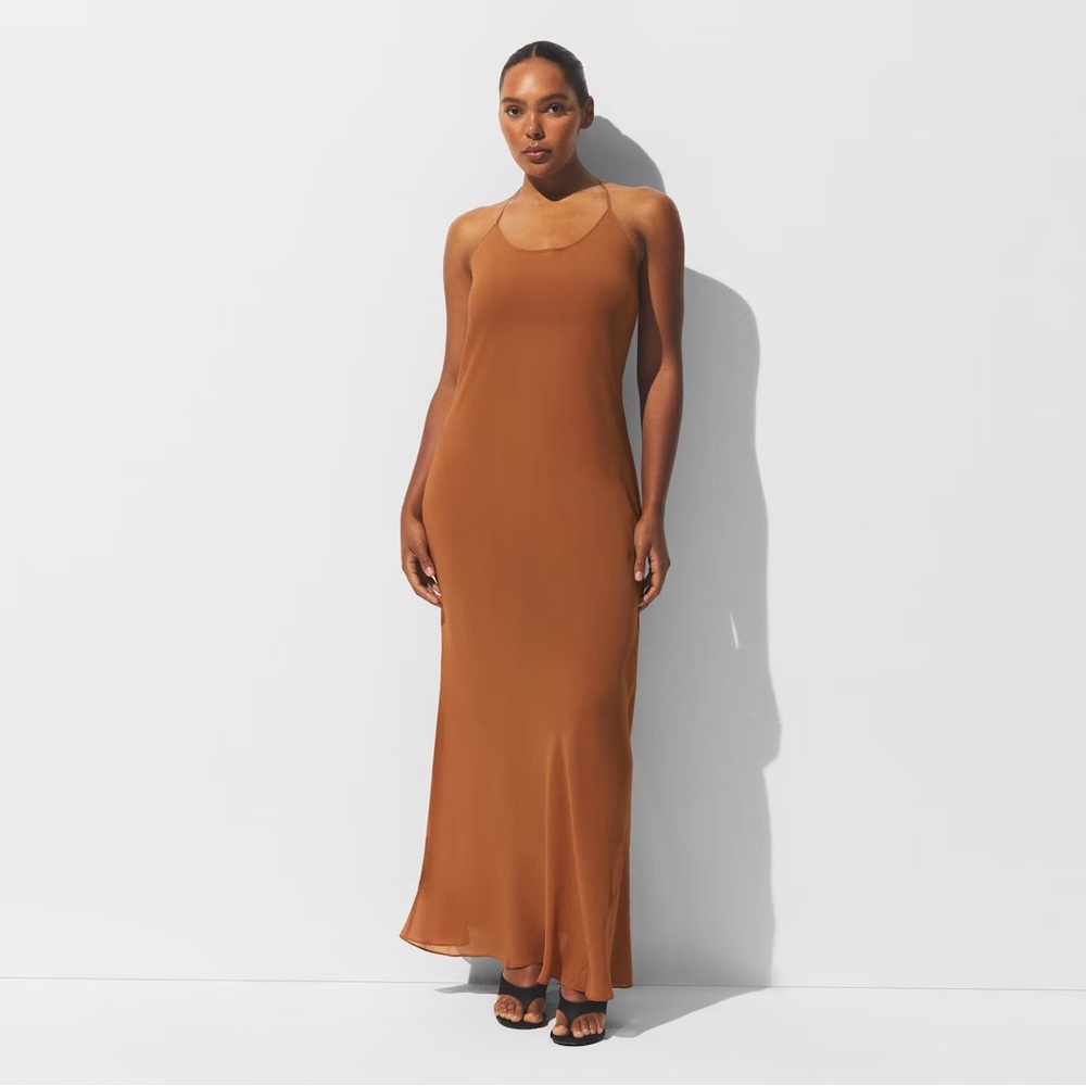 NWT SKIMS COVER-UPS LONG HALTER DRESS - Chestnut